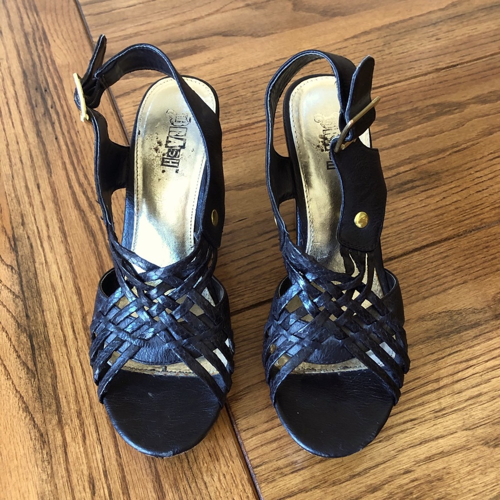 Black 4 inch wood wedge sandals with gold buckle